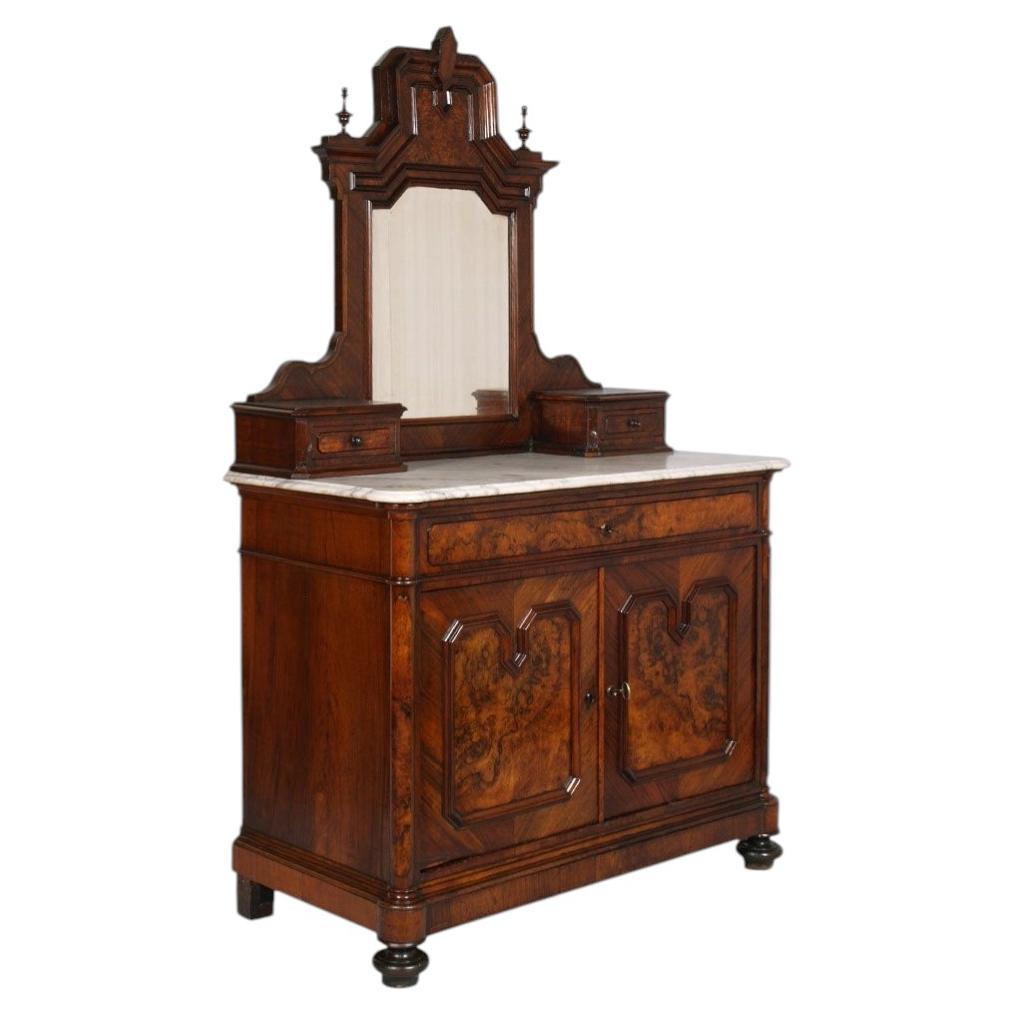 19th Century Chest of Drawers, commode with mirror, Carrara Marble, Burl Walnut For Sale