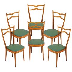 Mid-Century Set of Six Chairs Carlo di Carli Style Blond Walnut and Leatherette