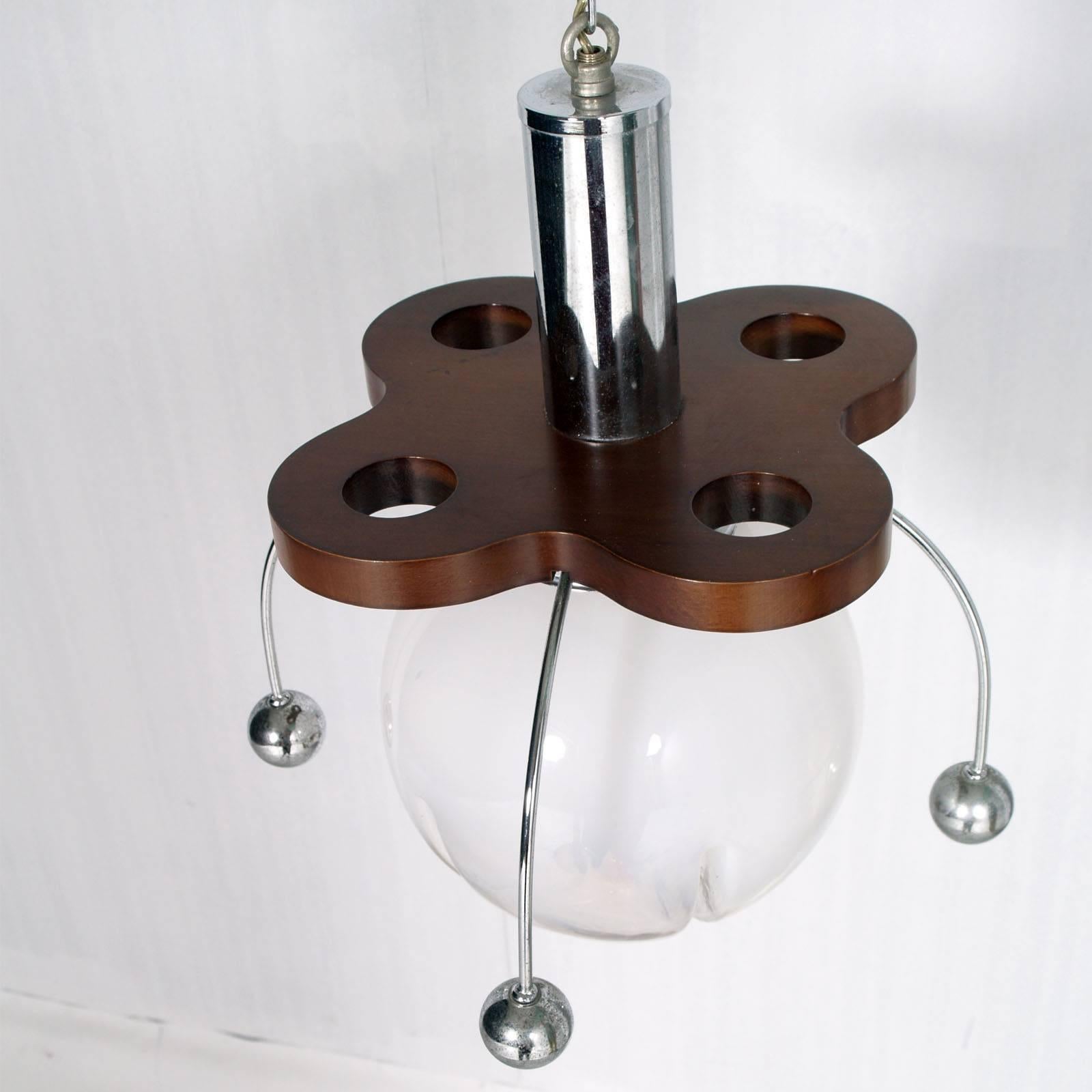 Mid-Century Modern Italian 1960s Mazzega Murano Glass Chandelier, Atomo, Wood and Chrome-Plated For Sale