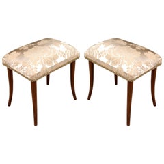 Pair of Footrest Pouf Stools in Walnut Art Deco Restored, New Upholstered Seats