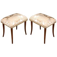 Pair of Footrest Pouf Stools in Walnut Art Deco Restored, New Upholstered Seats 10