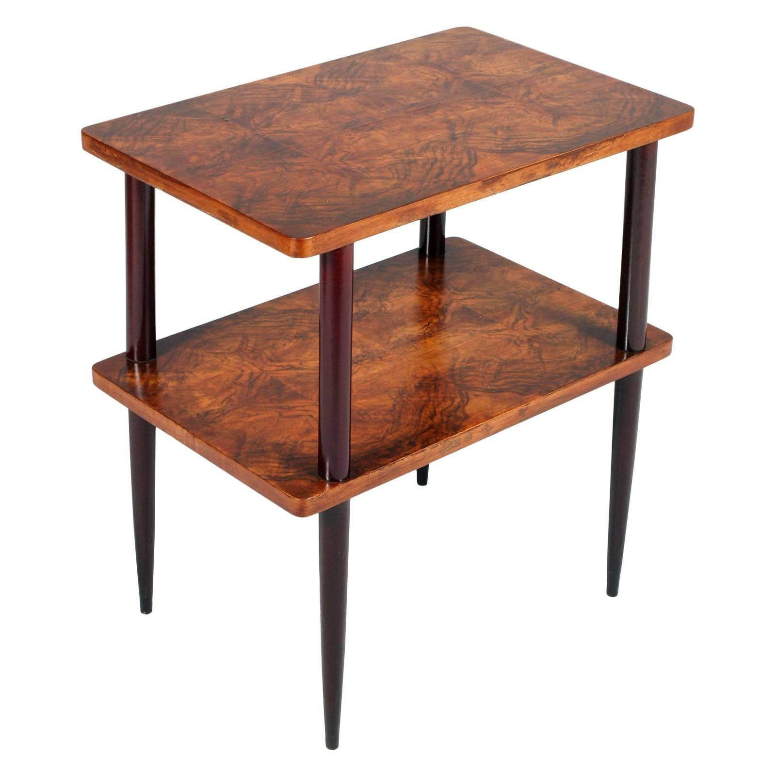 Art-déco-Tisch mit zwei Platten aus Wurzelnussholz, spitze Beine, Mahagoni, 1930er Jahre, 1930er Jahre