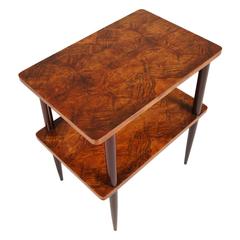 1930s Art Deco Two Tops Table in Burl Walnut, Pointed Legs Mahogany Tinted