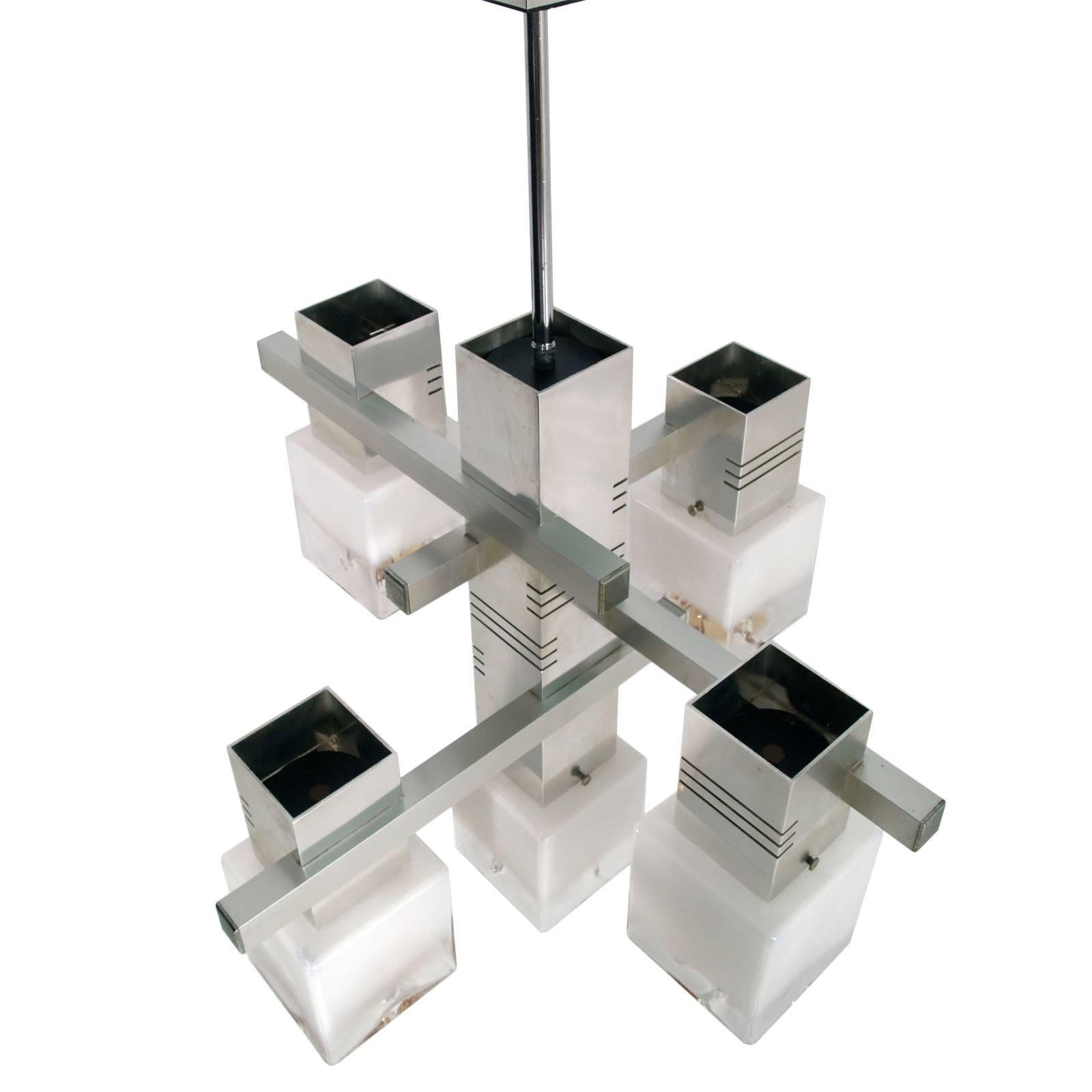 Mid-Century Modern Lustre Cubic en Métal Chrome de Gaetano Sciolari pour Mazzega Murano-Glass en vente