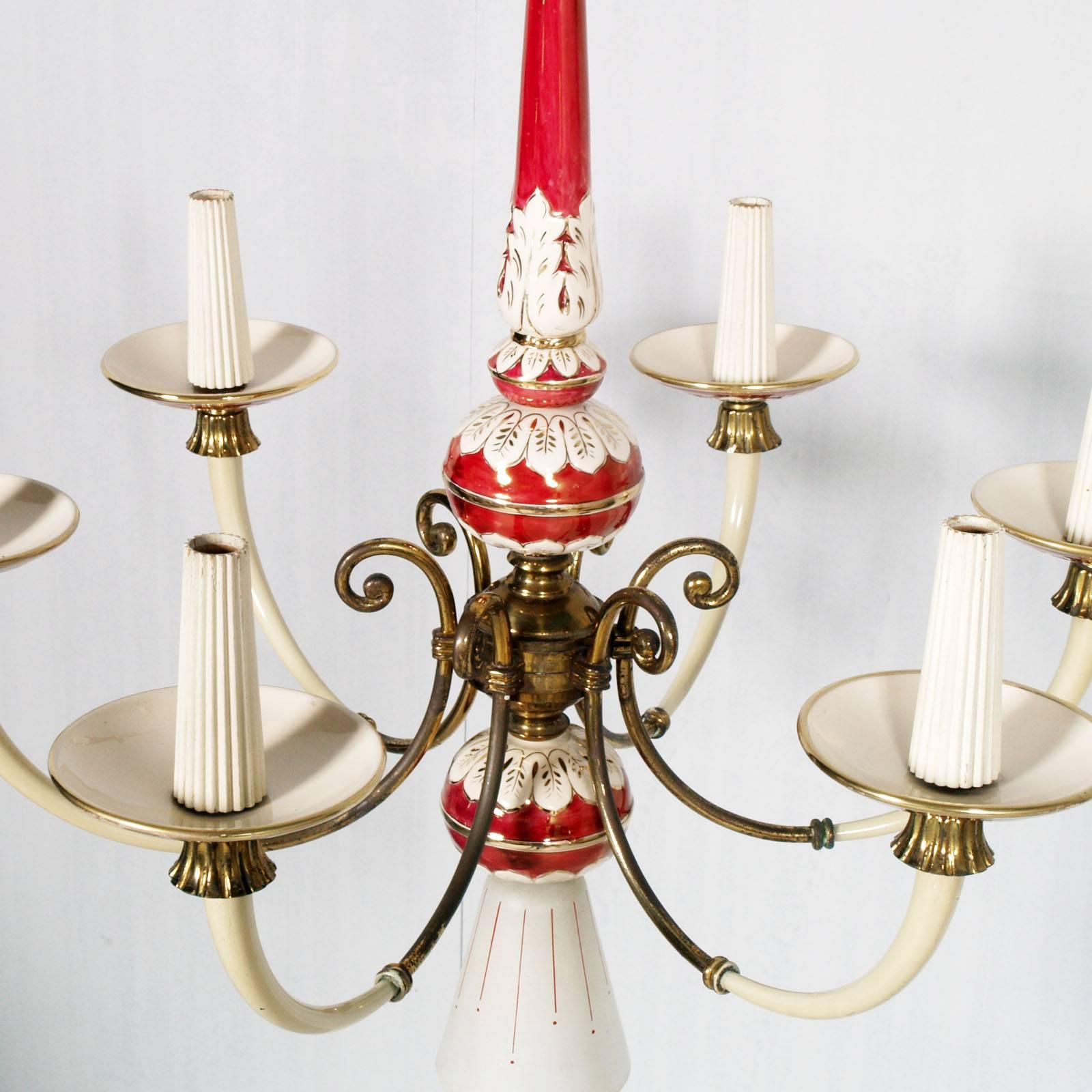 Italian Art Deco Six-Light Florence Chandelier Gold Decorated Porcelain Enameled Brass For Sale