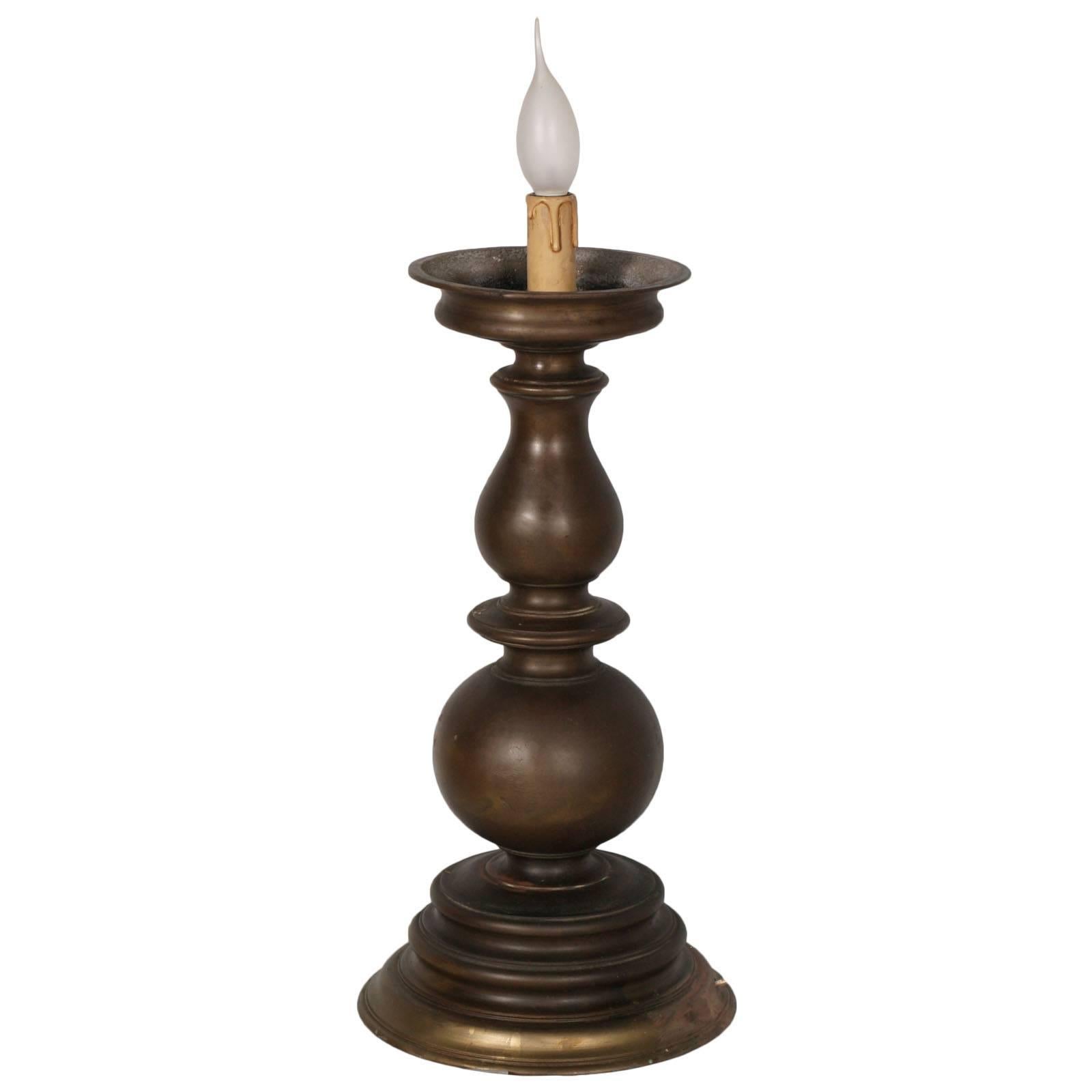 17th Century Bronze Candelabra or Candlestick, Heavy Baroque Table Lamp For Sale