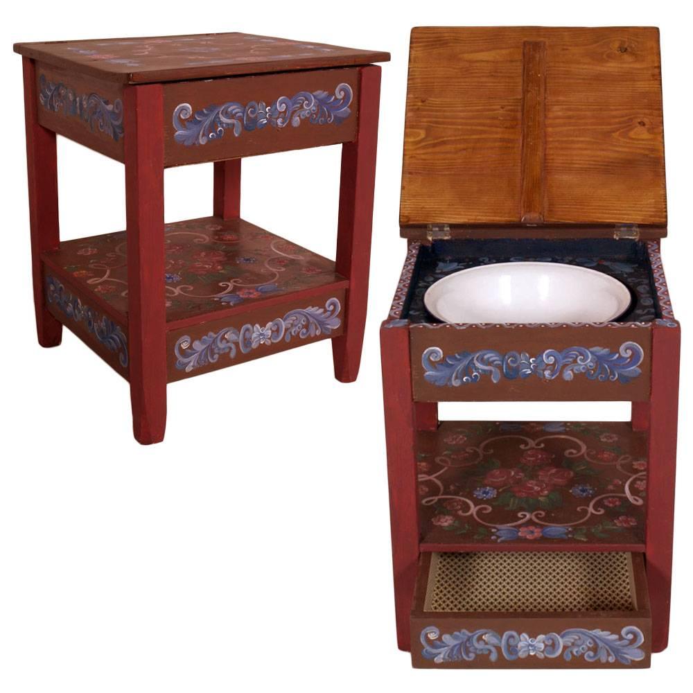 19th Century Tyrolean Toilet Bedside Table Original, Hand-Painted Decoration For Sale