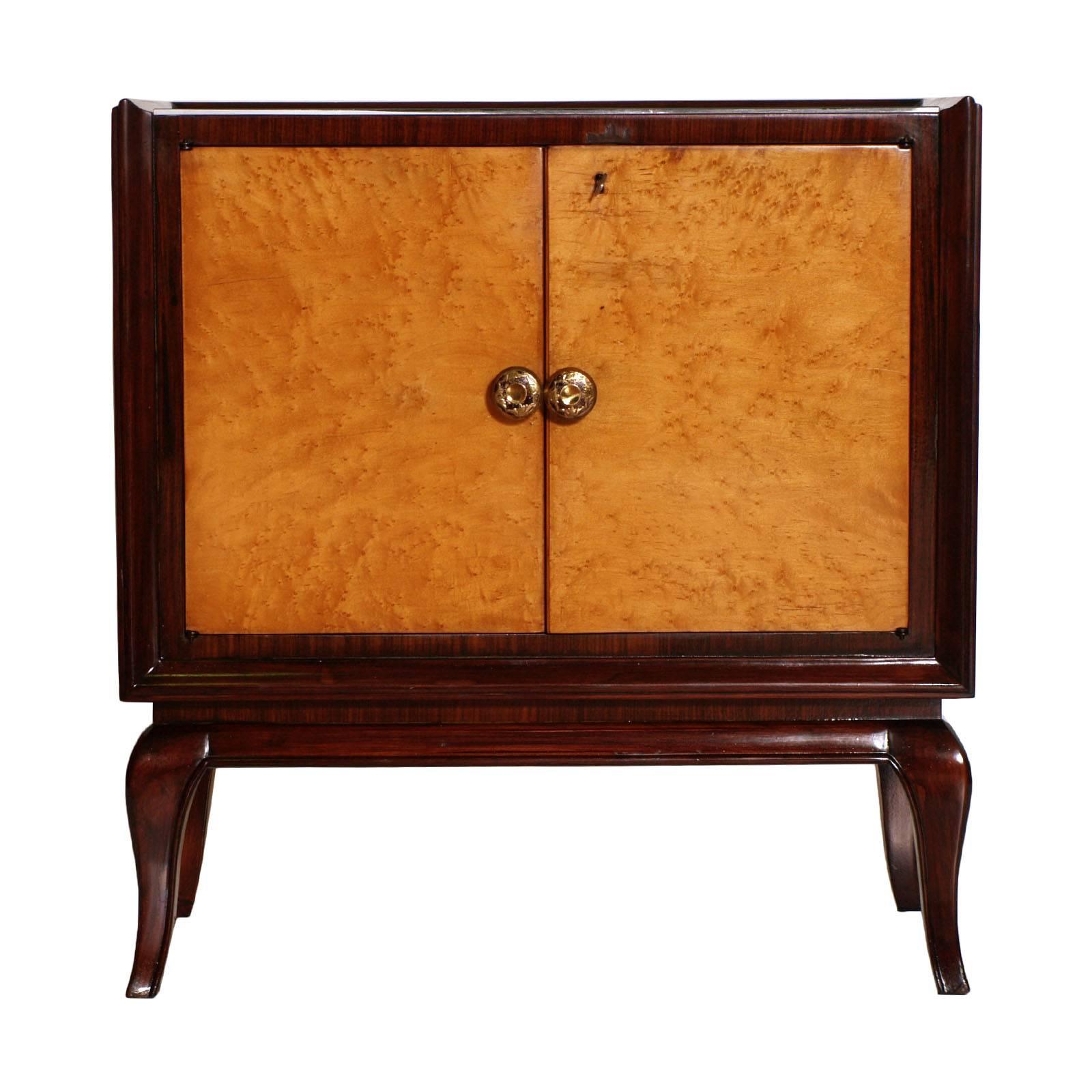 Lacquered 1930s Art Deco Dry Bar Cabinet, Mahogany, Burl Elm, Mirror Internal, Glass Top For Sale