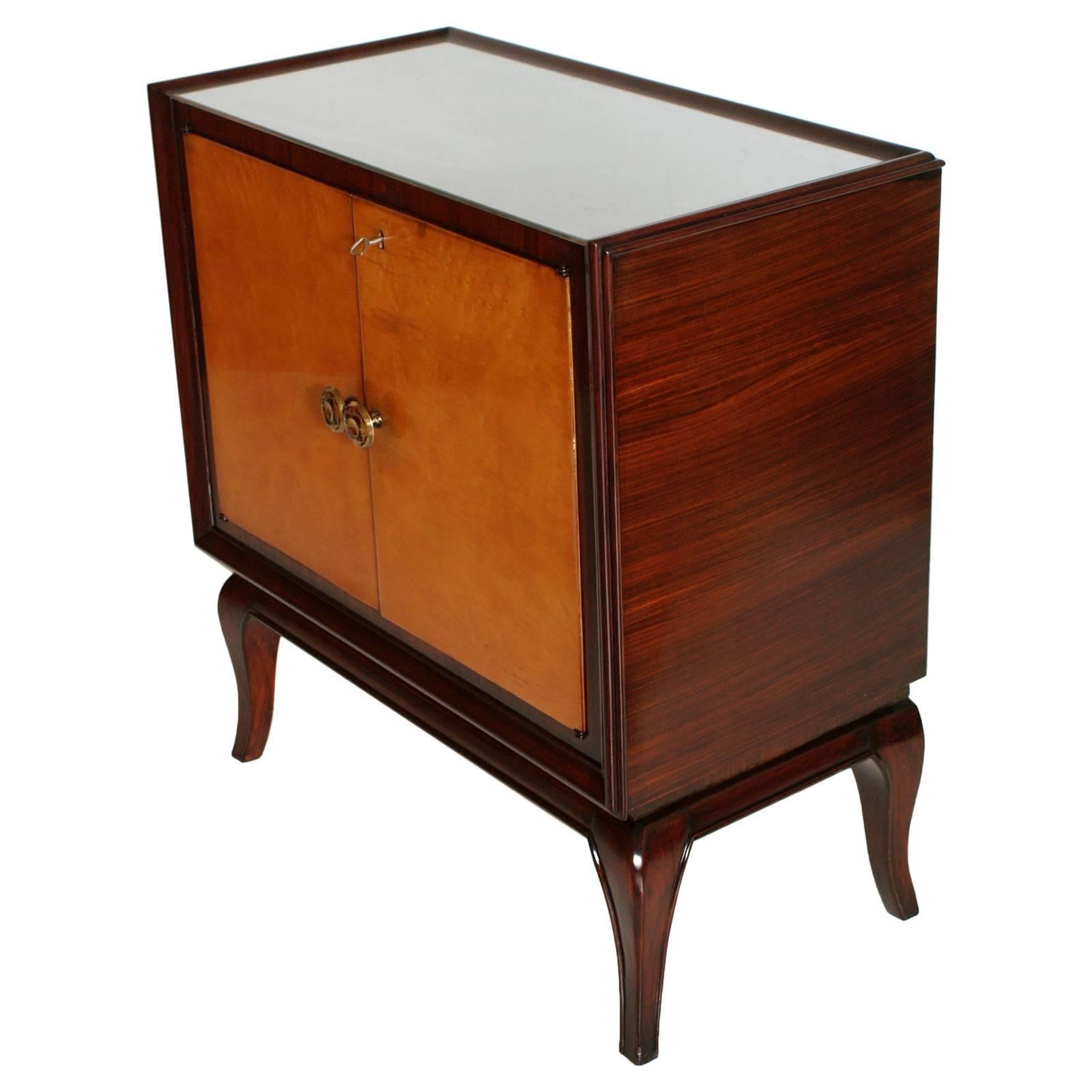 Italian 1930s Art Deco Dry Bar Cabinet, Mahogany, Burl Elm, Mirror Internal, Glass Top For Sale