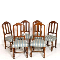 1930s Italy Set Six Gothic Chairs in Solid Walnut New Upholstery Polished to Wax