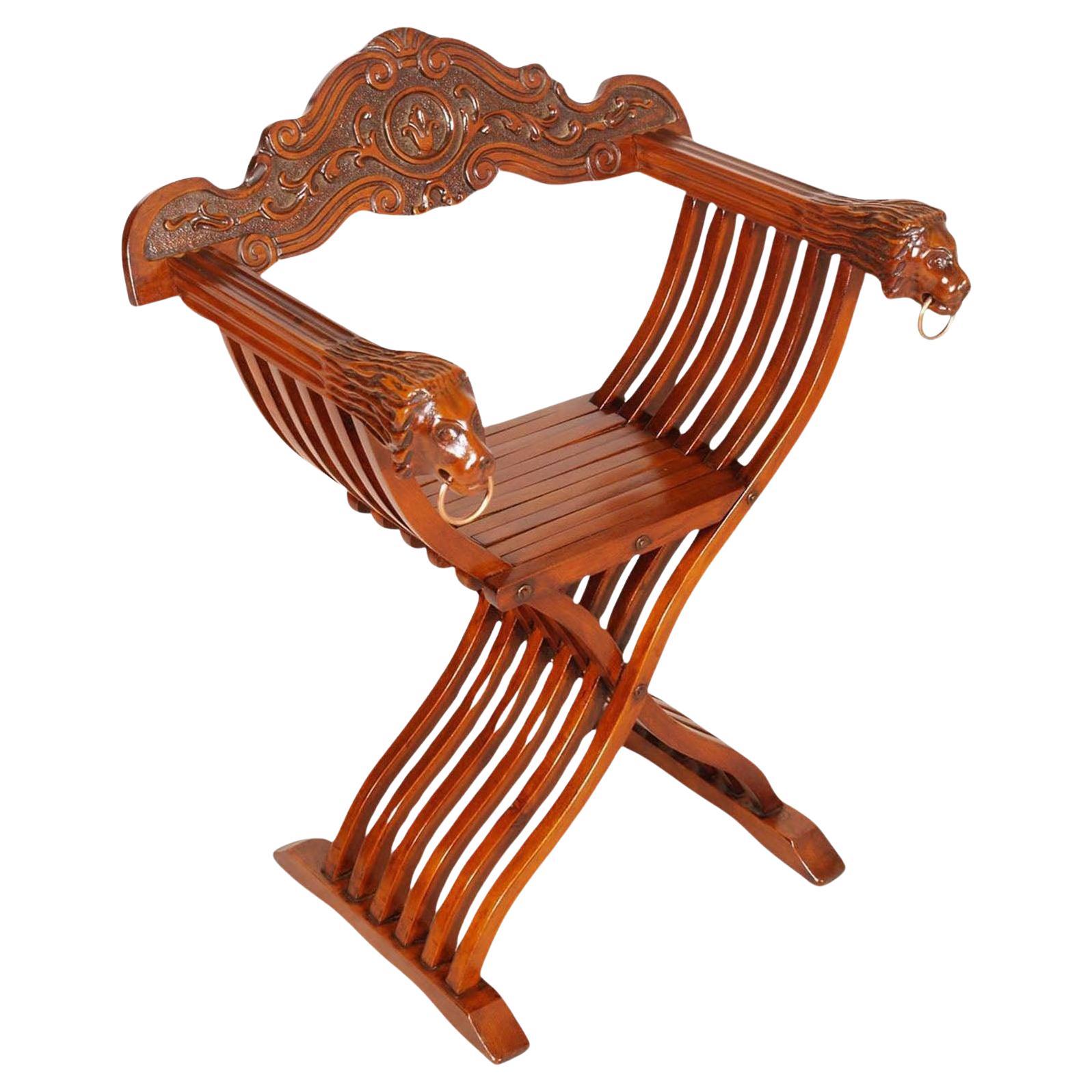 Florentine Savonarola Chair, all hand Carved Walnut Restored and Wax polished