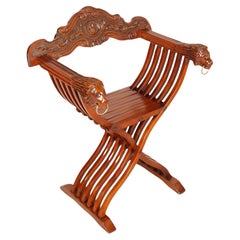 Florentine Savonarola Chair, all hand Carved Walnut Restored and Wax polished