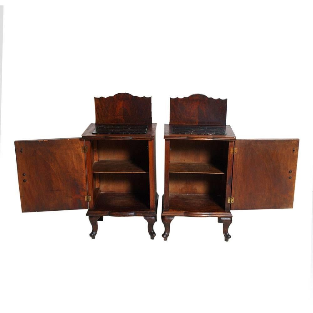 Appliqué Early 19th Century Art Nouveau Pair of Nightstands in Walnut, Black Marble Top For Sale