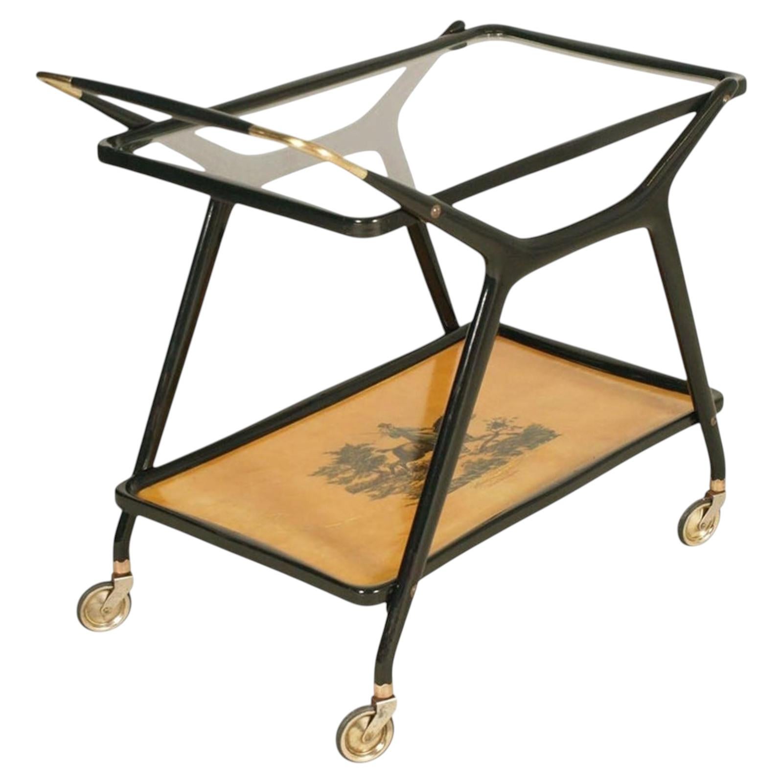 Italian Bar Cart, 1950s, by Cesare Lacca, Sculptural Wood, Glass, gilded brass