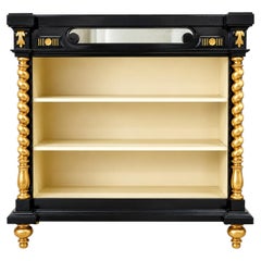 1900s Ebonized Neoclassic Bookcase in Carved Walnut Hand Lacquered Wax Polished