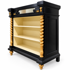 1900s Ebonized Neoclassic Bookcase in Carved Walnut Hand Lacquered Wax Polished