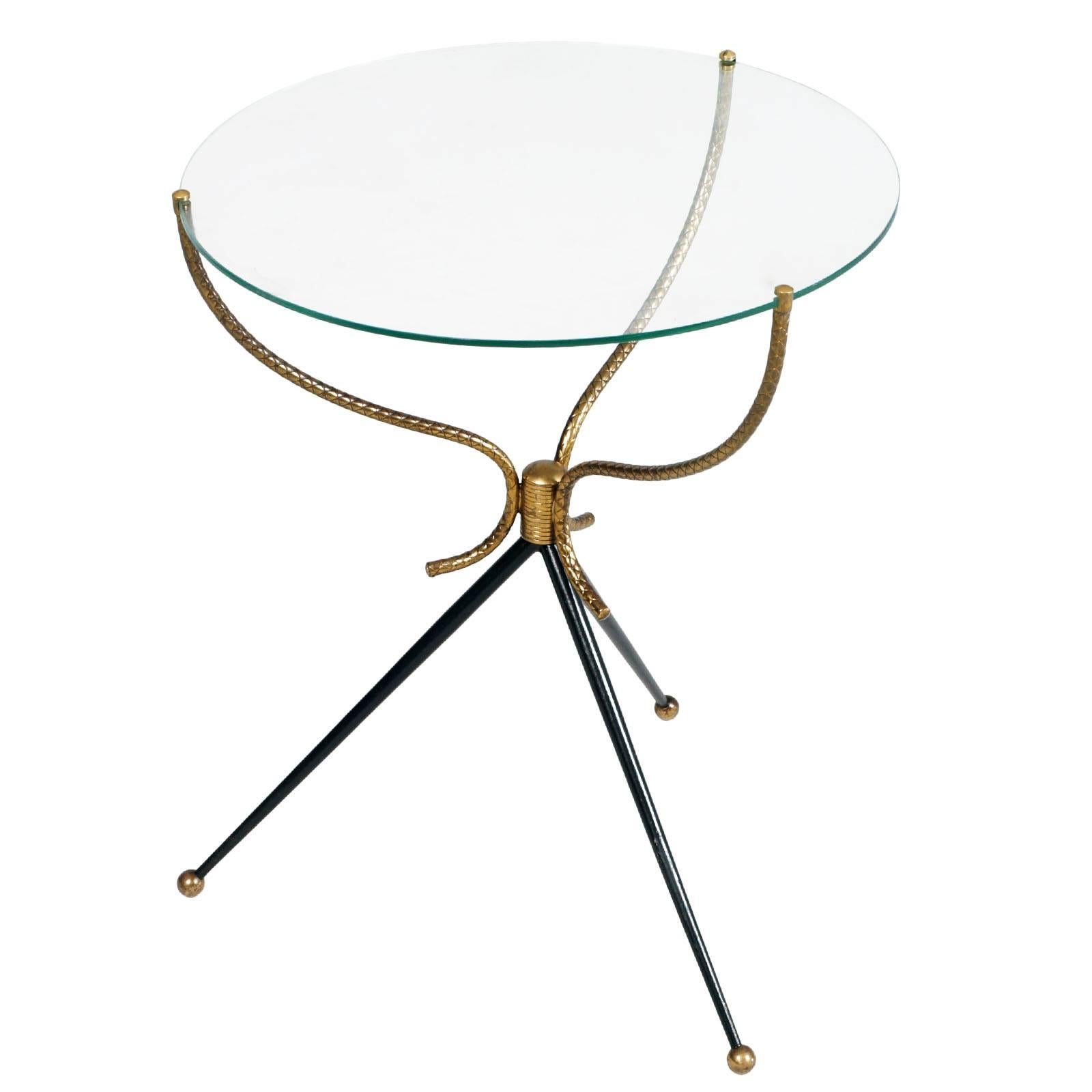 1930s Gio Ponti Style Tripod Coffee Table, Gilt and Lacquered Brass, Cristal Top For Sale