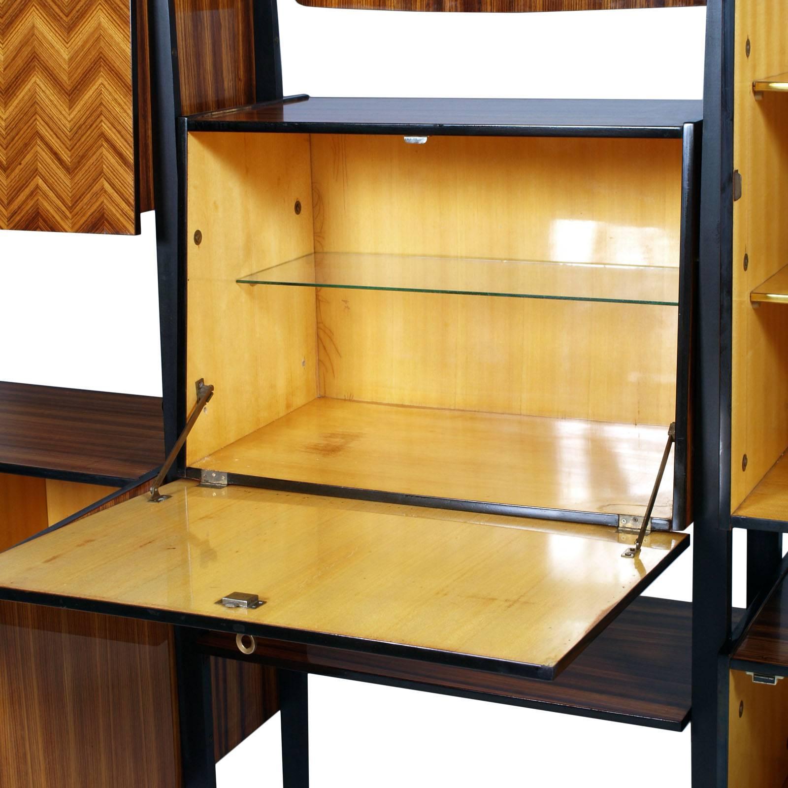 Midcentury Cantù Bookshelf Sideboard Borsani Style Ebonized Walnut Structure In Excellent Condition In Vigonza, Padua