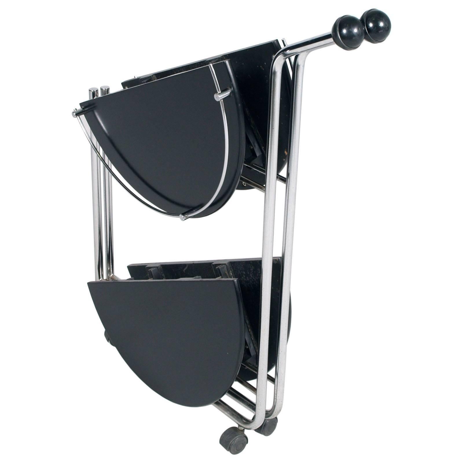 Ebonized Italian 1990s Folding Bar Cart Chromed Steel Laquered Wood Alfredo Häberli Style For Sale