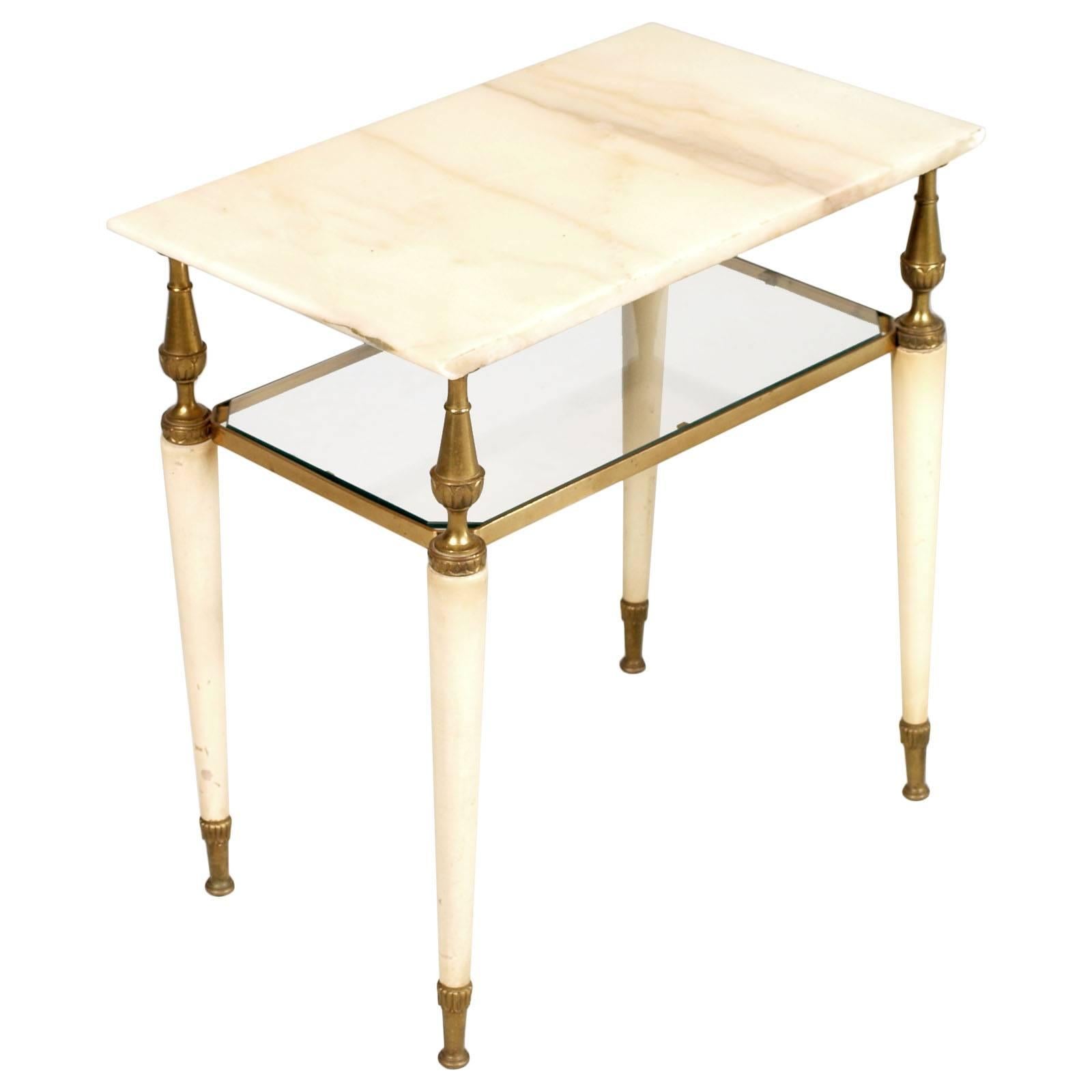 Table basse vénitienne des années 1910 Table de nuit en bois laqué, laiton doré, plateau en onyx rose