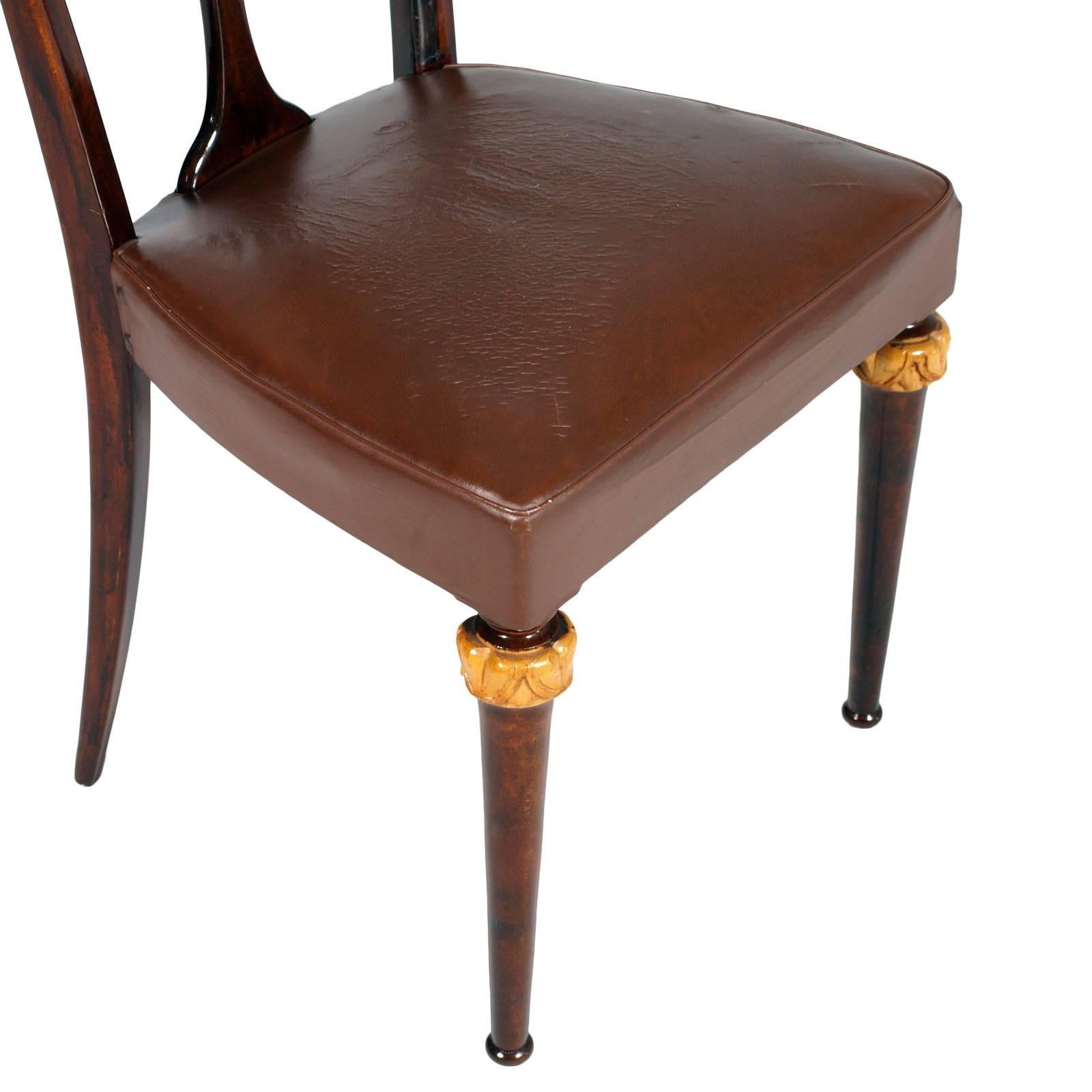 Carved Set Luxury Art Deco Chairs Vittorio Dassi Lissone Attributed, Mahogany & Leather For Sale