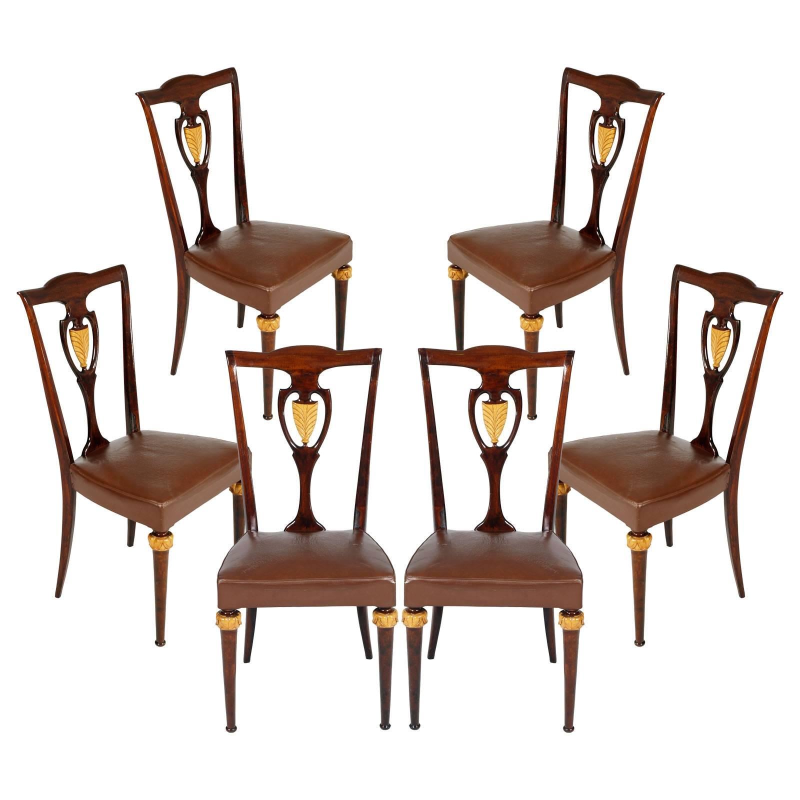 Set Luxury Art Deco Chairs Vittorio Dassi Lissone Attributed, Mahogany & Leather For Sale