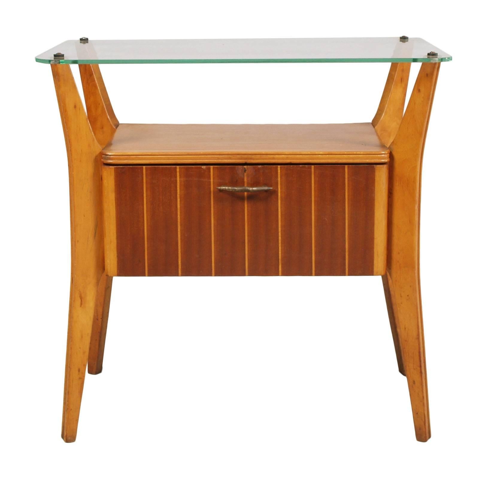 1940s Cantù Nightstand Table Gio Ponti attributable in Walnut, Maple Crystal Top In Good Condition For Sale In Vigonza, Padua