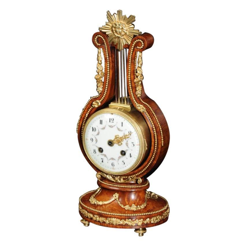 Walnut and Ormolu Lyre Boudoir Antique French Clock