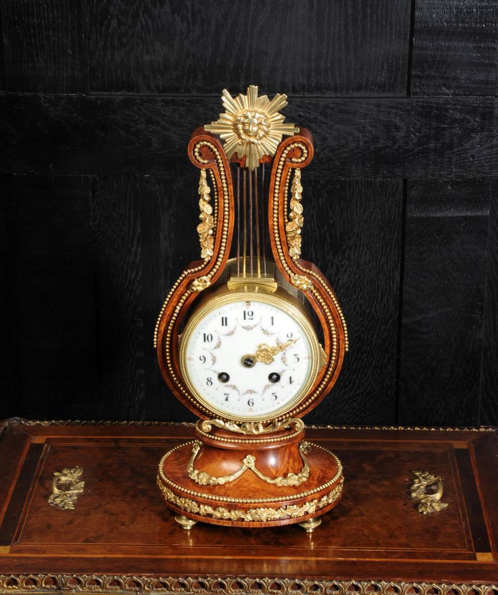 Louis XVI Walnut and Ormolu Lyre Boudoir Antique French Clock