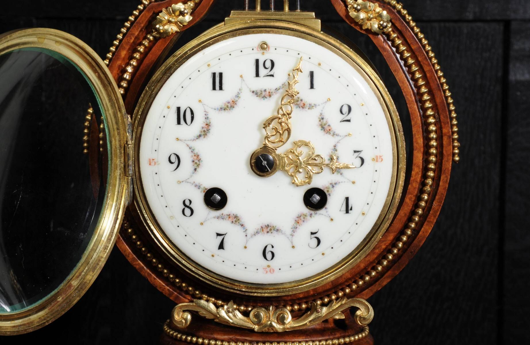 Walnut and Ormolu Lyre Boudoir Antique French Clock 4