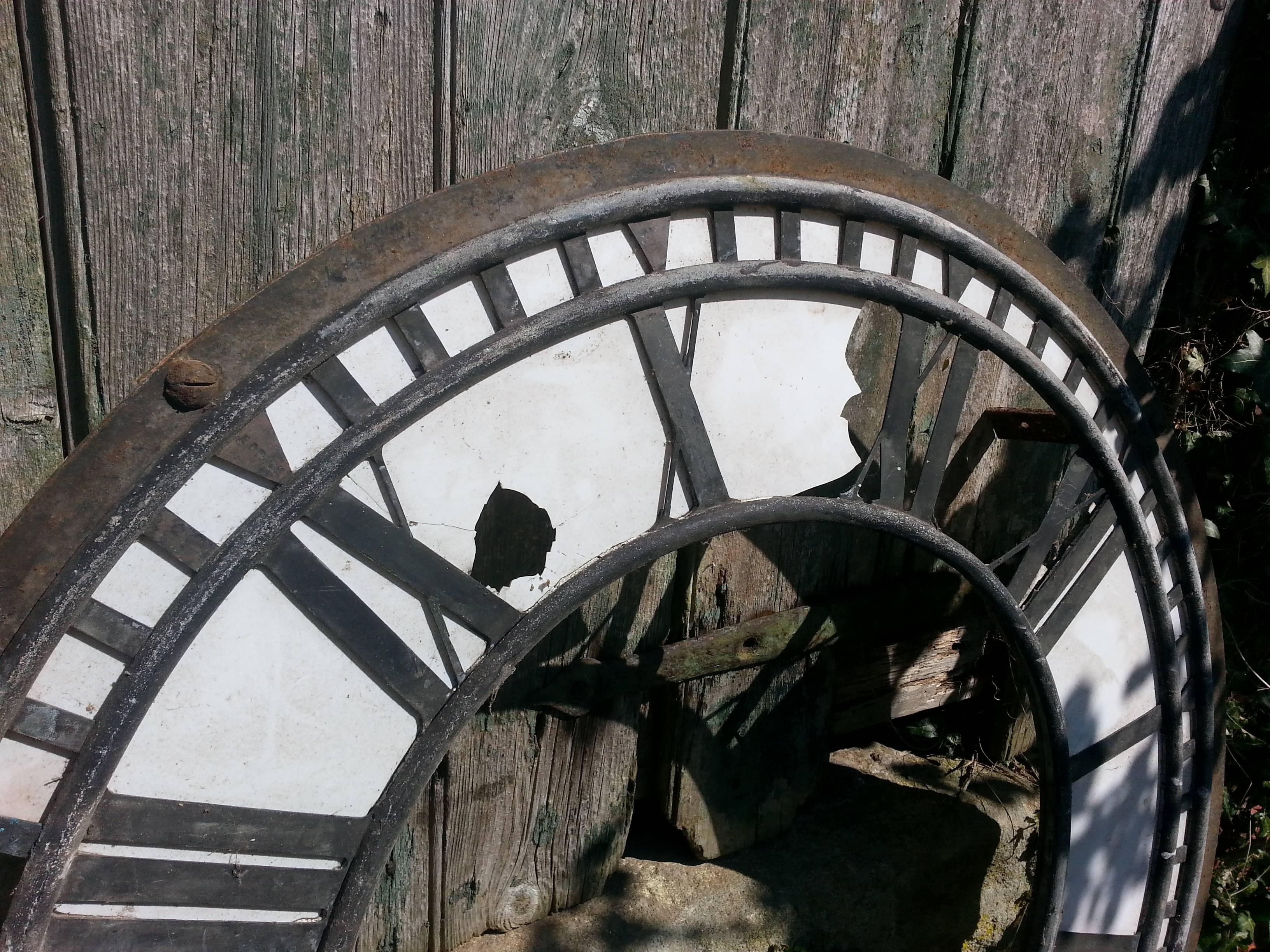 Large Copper and Iron Turret Clock Dial Face with Original Copper Hands In Distressed Condition In Belper, Derbyshire