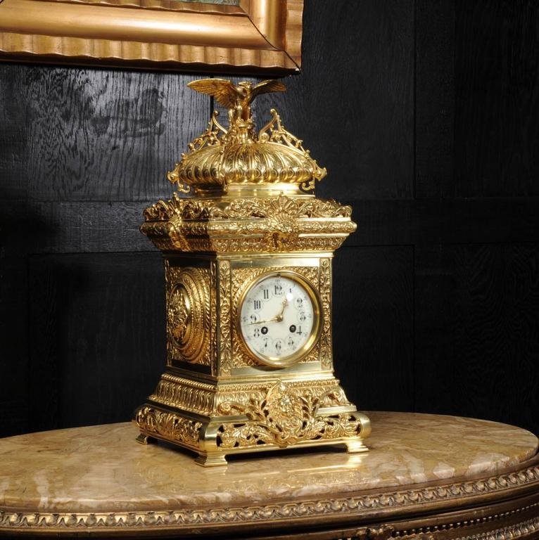 Antique Table Clock, French Gilt Bronze by Samuel Marti with Eagle at