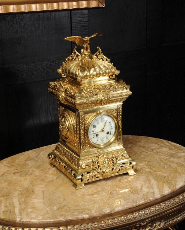 Antique Table Clock, French Gilt Bronze by Samuel Marti with Eagle at