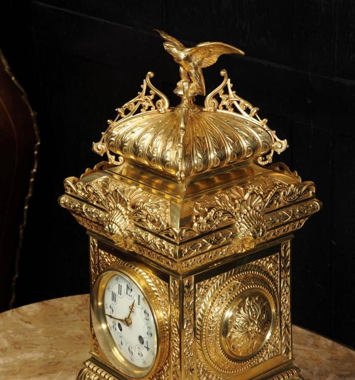 Antique Table Clock, French Gilt Bronze by Samuel Marti with Eagle at
