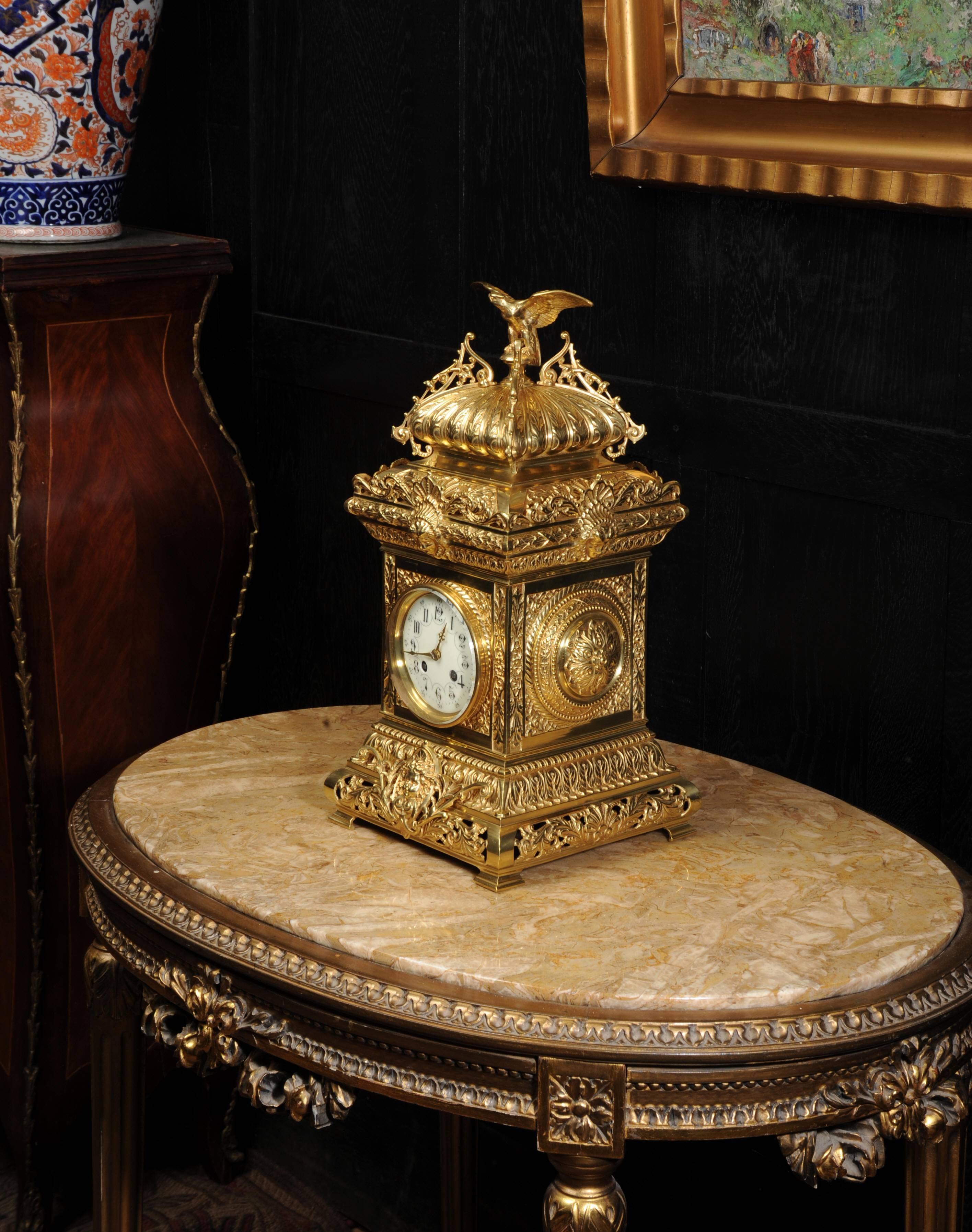 Antique Table Clock, French Gilt Bronze by Samuel Marti with Eagle 3
