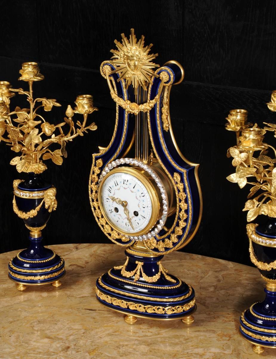 19th Century Fine Antique Cobalt Blue Porcelain and Ormolu Lyre Clock with Mystery Pendulum