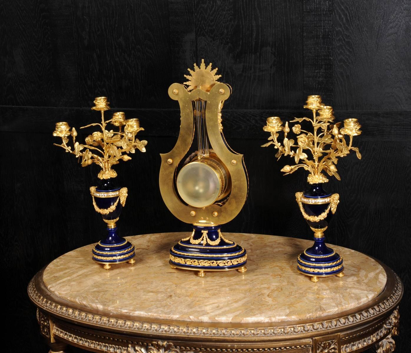 Fine Antique Cobalt Blue Porcelain and Ormolu Lyre Clock with Mystery Pendulum 1