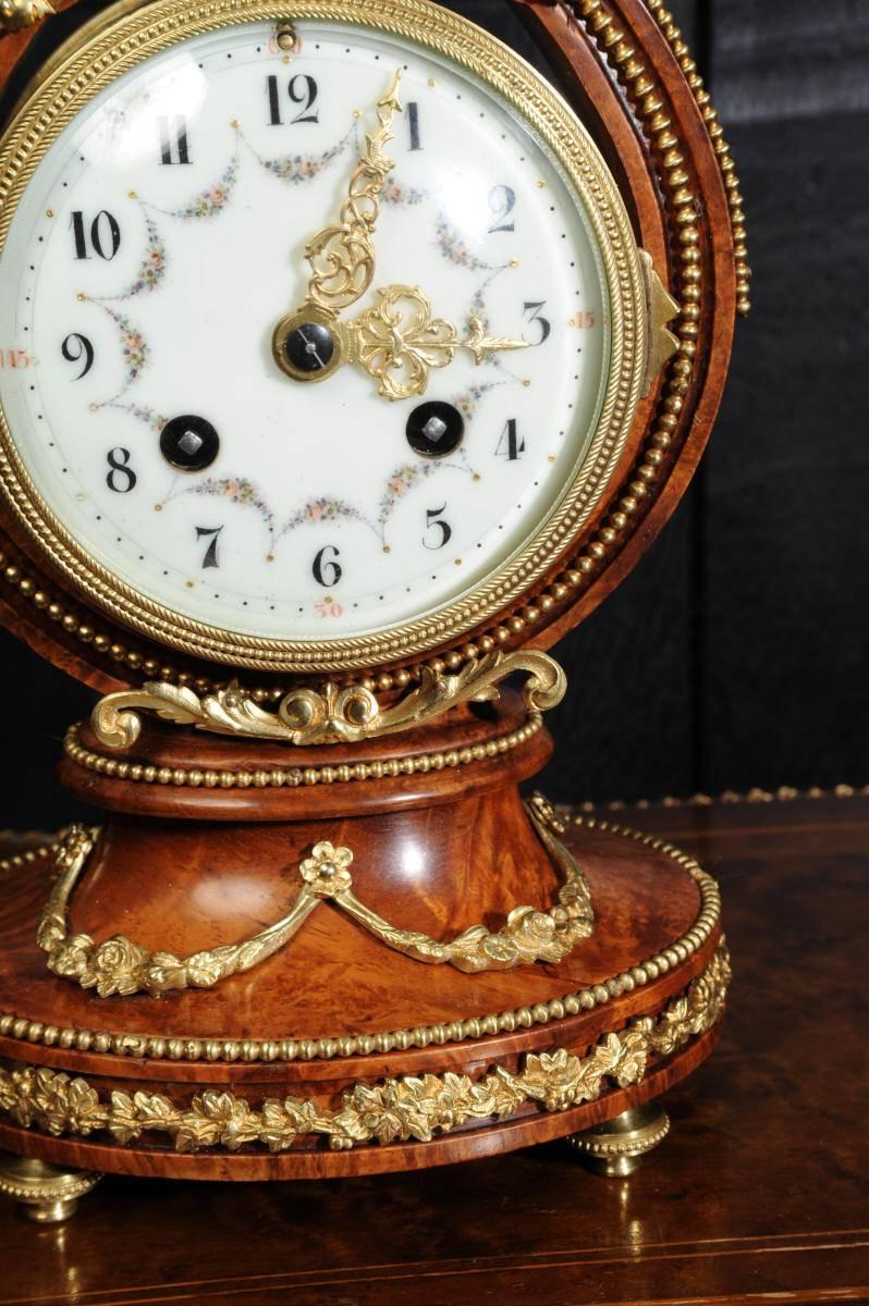Louis XVI Walnut and Ormolu Lyre Boudoir Clock