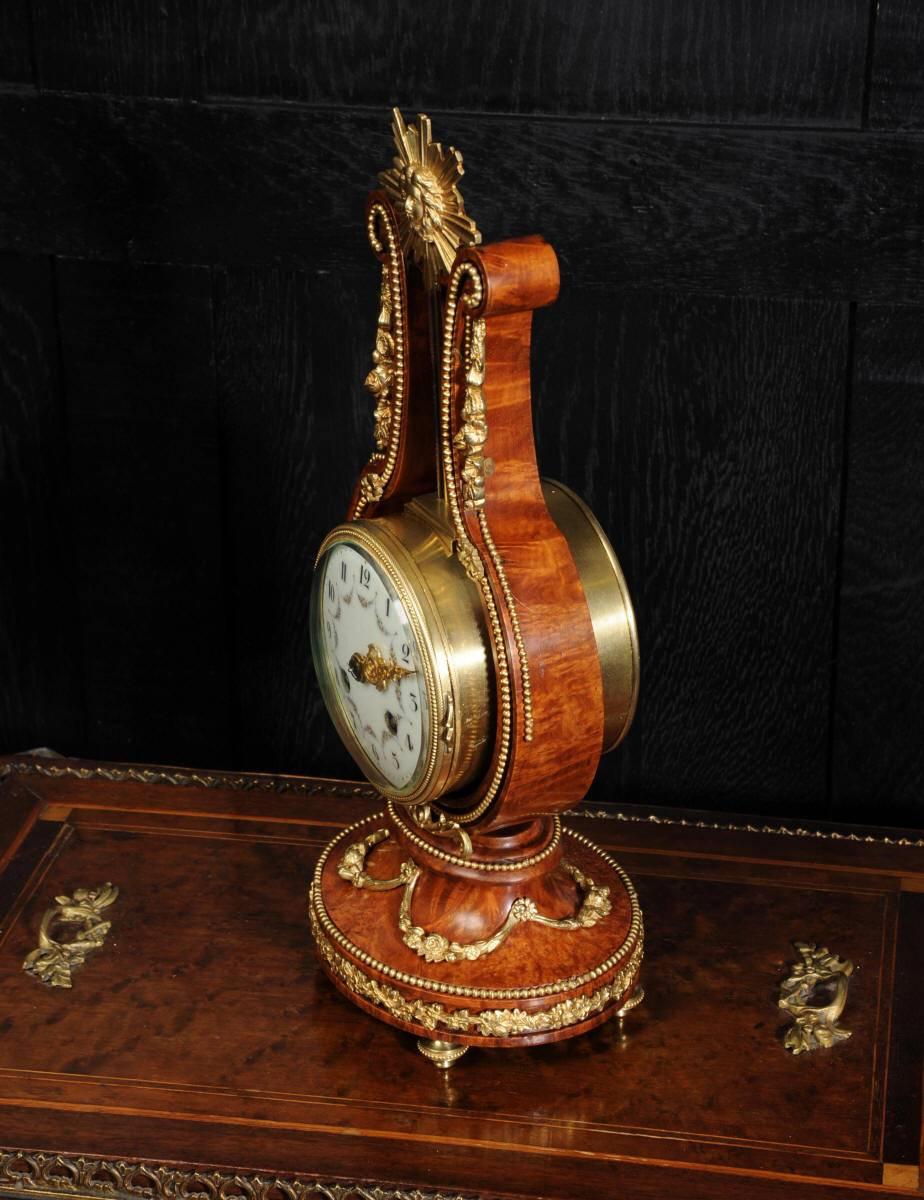 19th Century Walnut and Ormolu Lyre Boudoir Clock