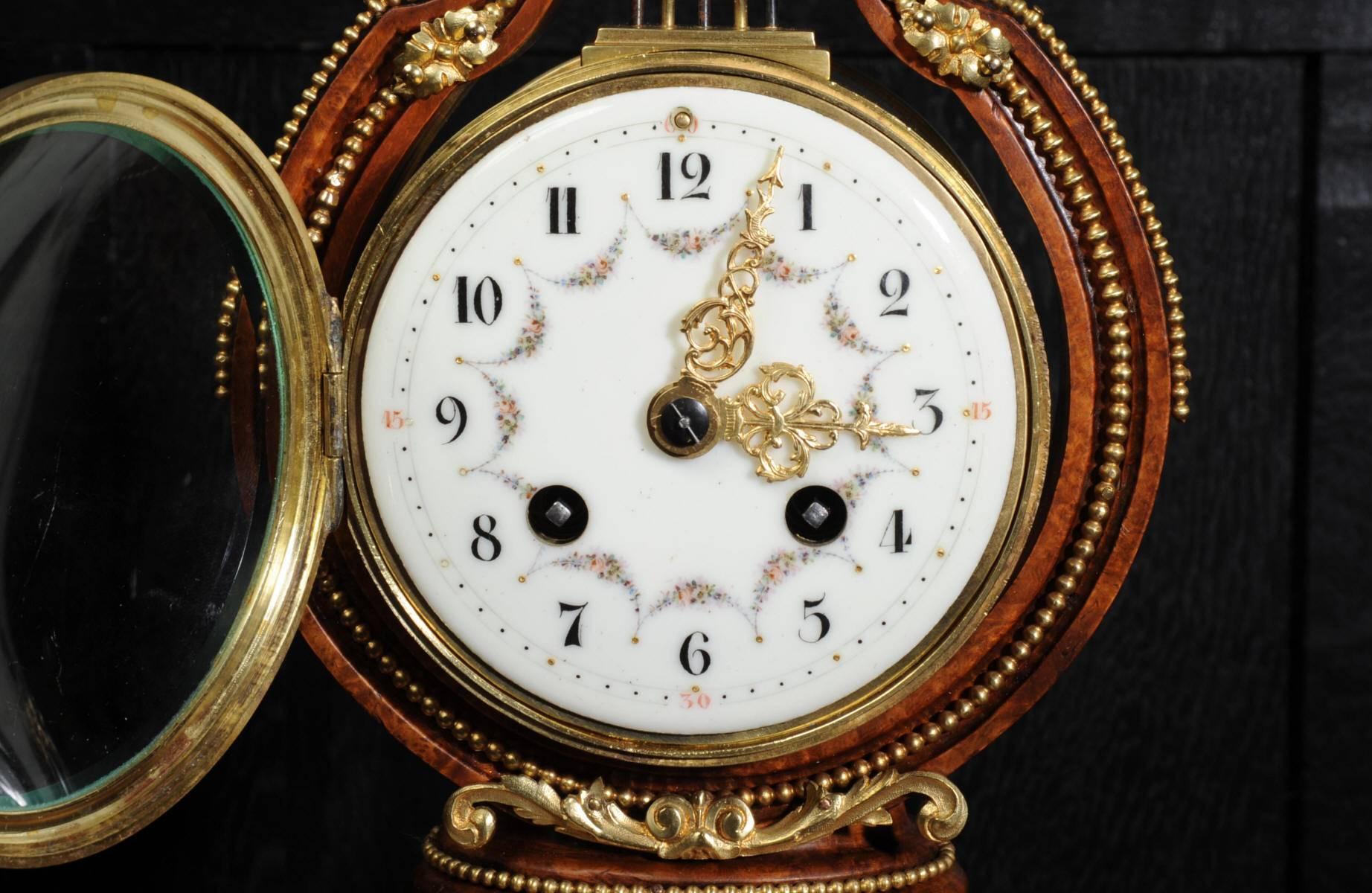 Walnut and Ormolu Lyre Boudoir Clock 2