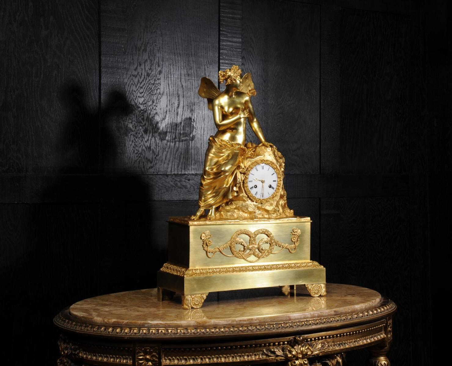 Early Large Ormolu Clock Psyche and the Butterfly Silk Suspension Movement In Good Condition In Belper, Derbyshire