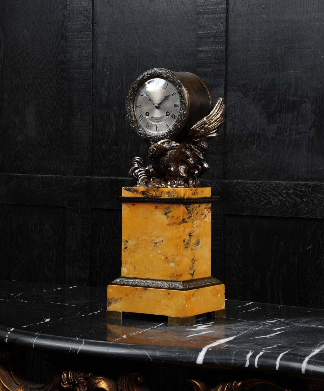 A stunning early clock from the famous Lepaute dynasty of clockmakers, fully overhauled and working. A superbly modelled bronze eagle carries the clock upon its back, perched upon a rock. The plinth is of beautifully figured Sienna marble mounted