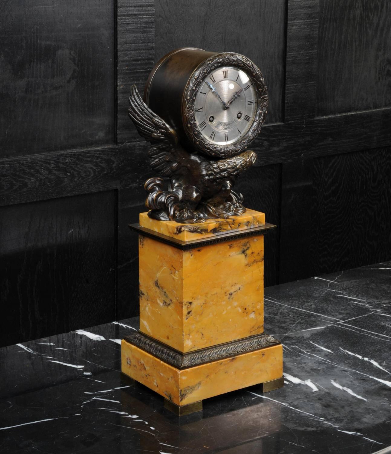 Restauration Early Bronze and Sienna Marble Eagle Drumhead Clock by Henry and J.J. Lepaute