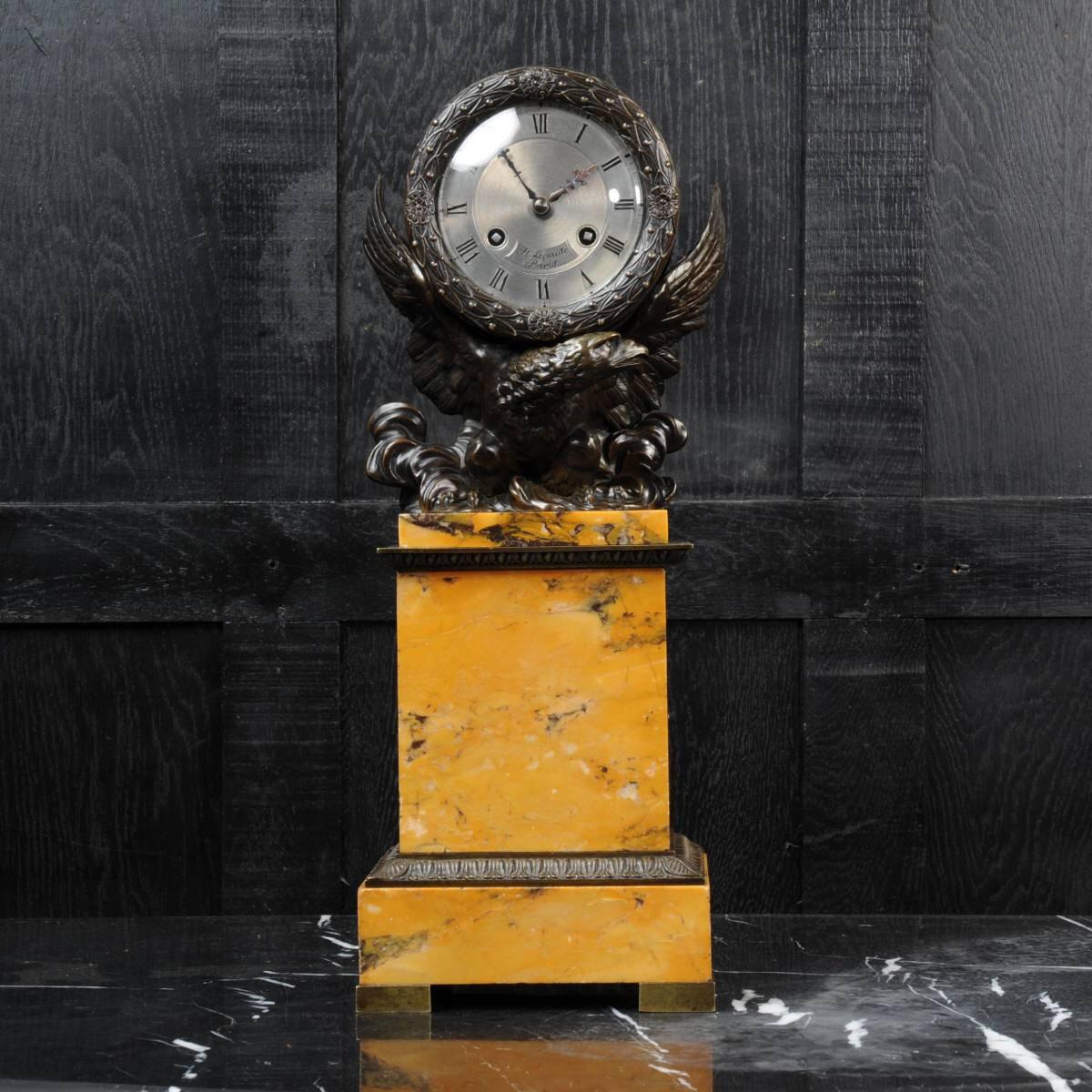 French Early Bronze and Sienna Marble Eagle Drumhead Clock by Henry and J.J. Lepaute