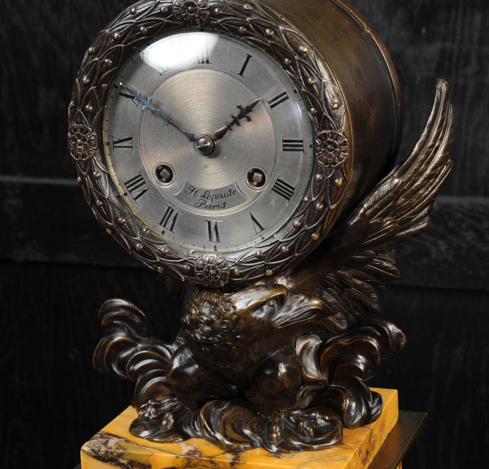 Patinated Early Bronze and Sienna Marble Eagle Drumhead Clock by Henry and J.J. Lepaute