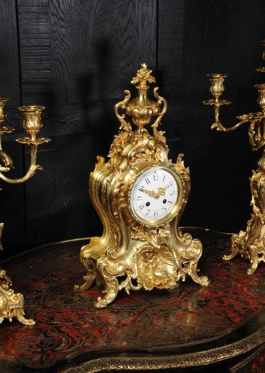 Antique French Gilt Bronze Rococo Clock Set, Dolphins 1