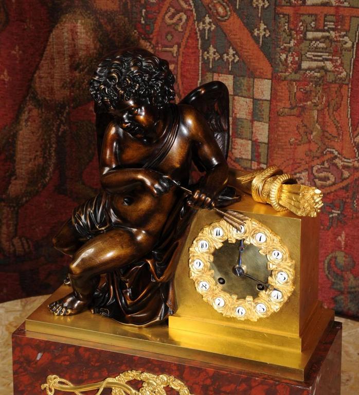 Louis Philippe Early and Fine Bronze, Ormolu and Specimen Marble Clock with Cupid For Sale