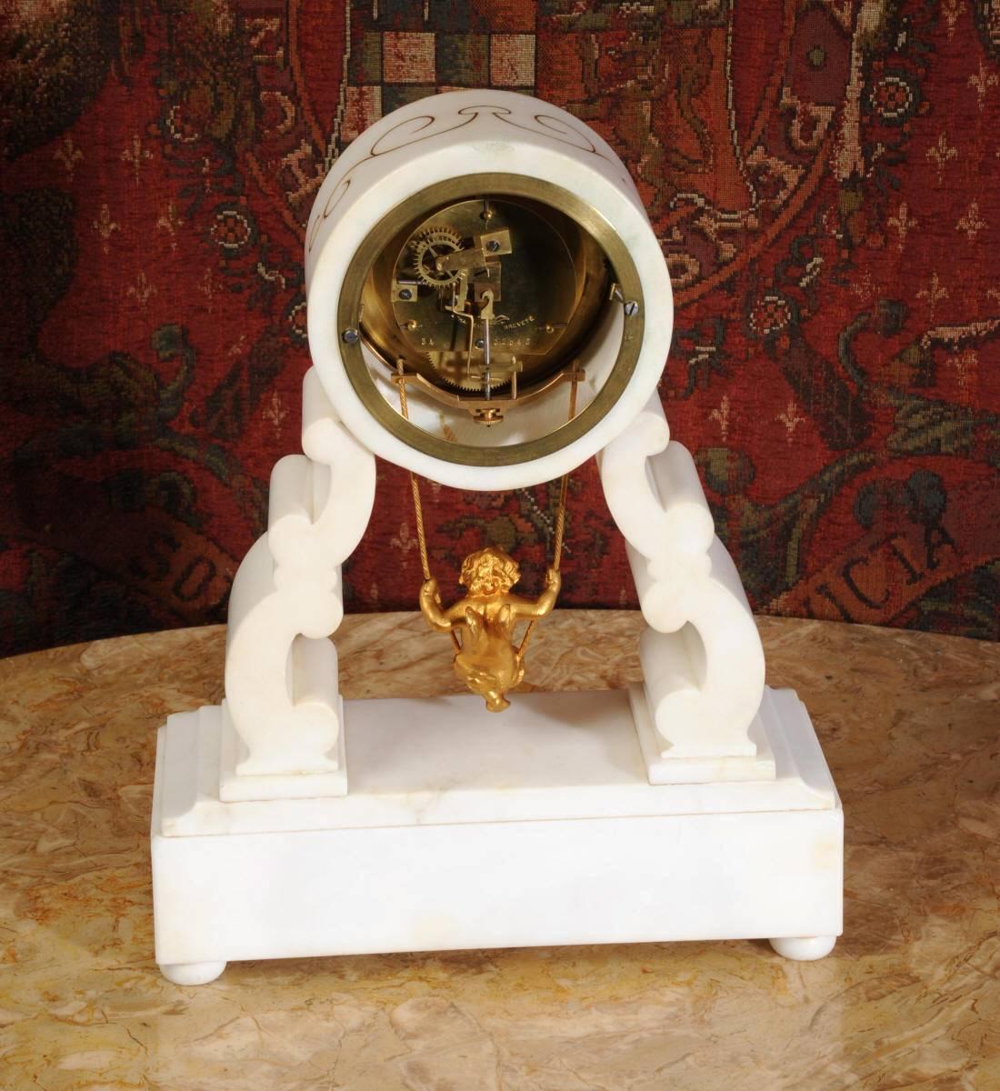 Victorian Eugéne Farcot Rare Large Marble Cherub on a Swing Boudoir Clock, circa 1870