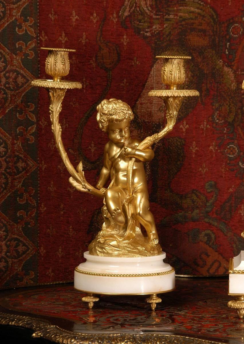 French Fine Ormolu and White Marble Clock Set by Vincenti, circa 1890
