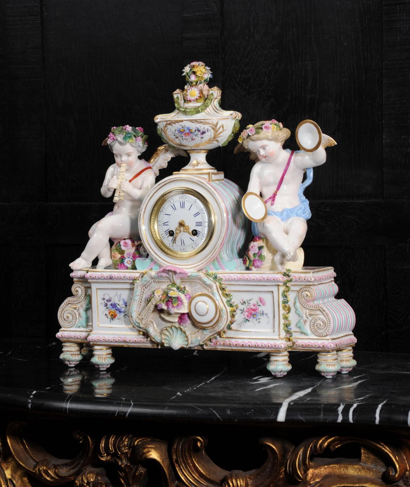 Louis XVI Large Antique French Meissen Style Porcelain Clock Music, circa 1880